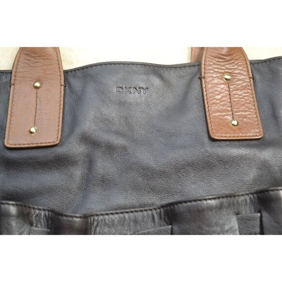 DKNY Large Black/Brown Leather Tote Bag W/Side Pockets/Adjustable Straps- LT3099 - Picture 6 of 12